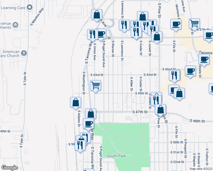 map of restaurants, bars, coffee shops, grocery stores, and more near 4348 South Warner Street in Tacoma