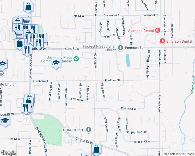map of restaurants, bars, coffee shops, grocery stores, and more near 4411 66th Avenue Court West in University Place