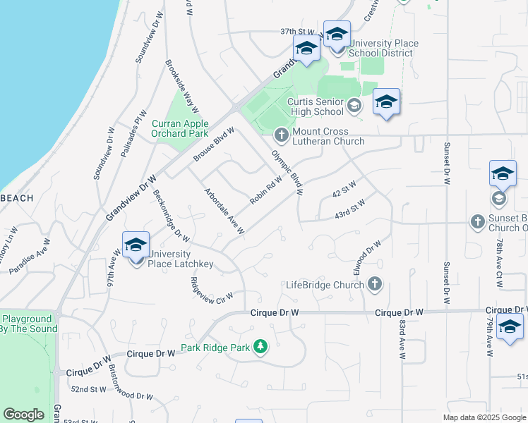 map of restaurants, bars, coffee shops, grocery stores, and more near 8909 45th Street West in University Place