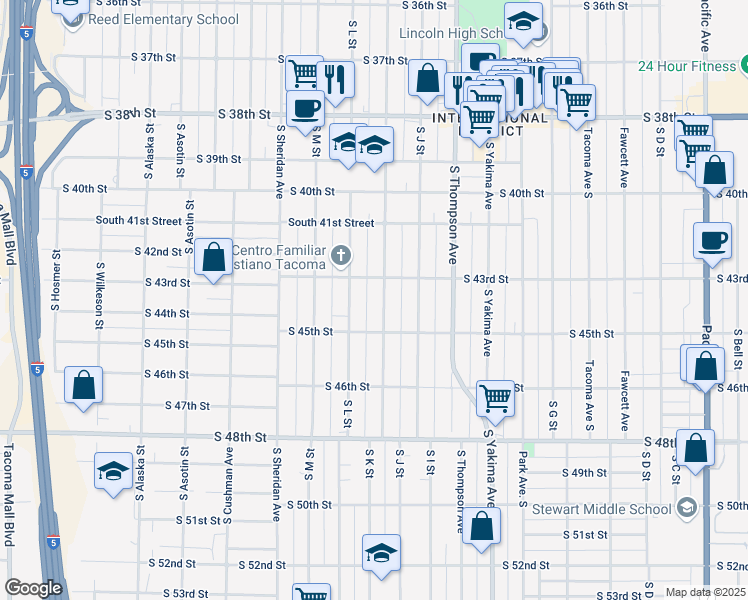 map of restaurants, bars, coffee shops, grocery stores, and more near 4340 South K Street in Tacoma