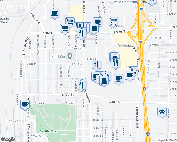 map of restaurants, bars, coffee shops, grocery stores, and more near 4320 South Pine Street in Tacoma