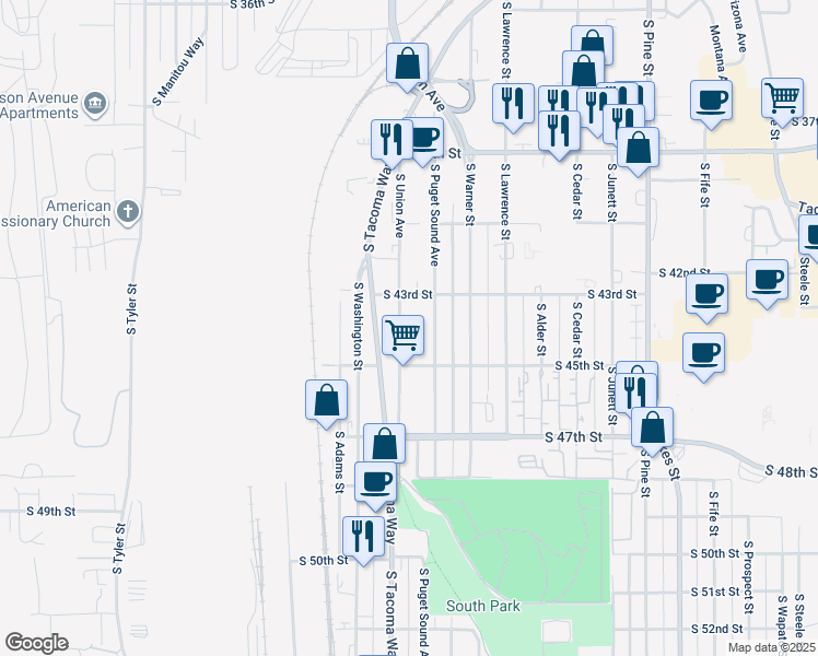 map of restaurants, bars, coffee shops, grocery stores, and more near 4302 South Puget Sound Avenue in Tacoma