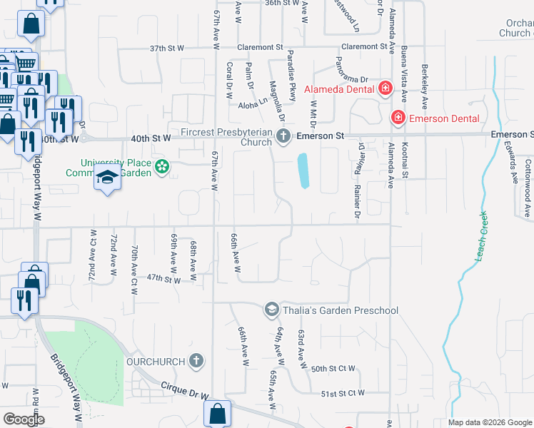 map of restaurants, bars, coffee shops, grocery stores, and more near 1548 Woodside Court in Fircrest
