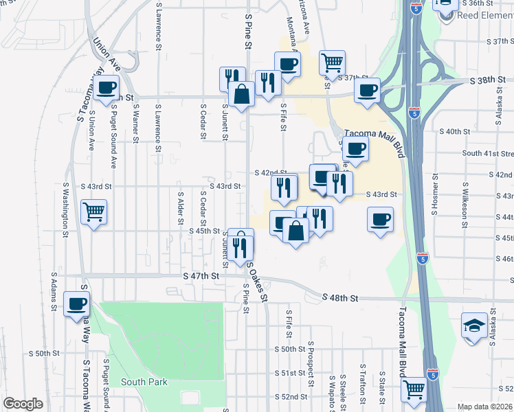map of restaurants, bars, coffee shops, grocery stores, and more near 4320 South Pine Street in Tacoma