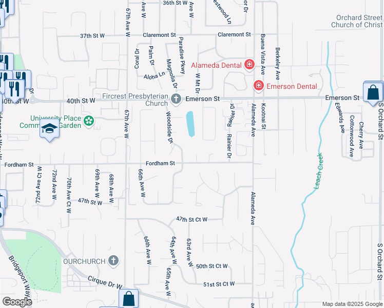 map of restaurants, bars, coffee shops, grocery stores, and more near 1559 Woodside Drive in Fircrest