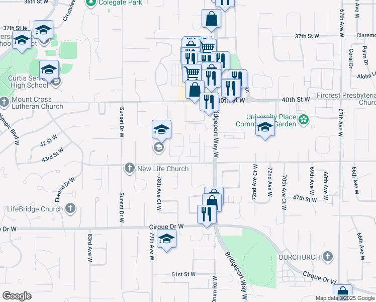 map of restaurants, bars, coffee shops, grocery stores, and more near 7533 44th Street West in University Place