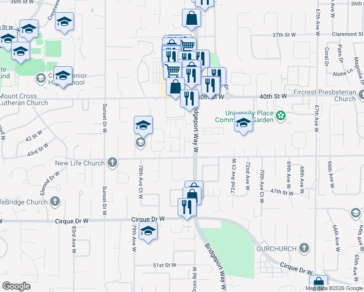 map of restaurants, bars, coffee shops, grocery stores, and more near 7529 44th Street West in University Place