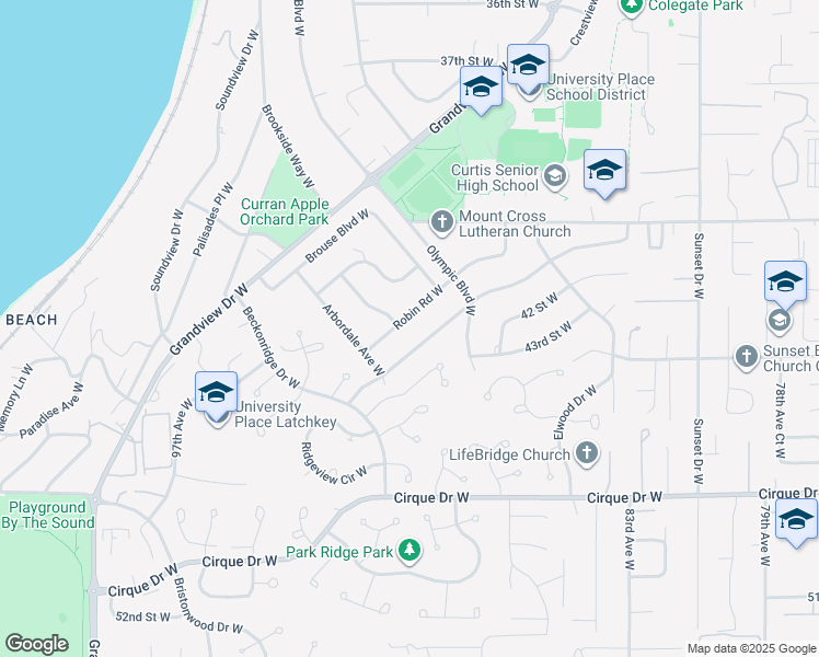 map of restaurants, bars, coffee shops, grocery stores, and more near 4212 Robin Road West in University Place