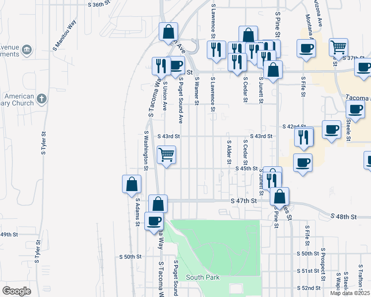 map of restaurants, bars, coffee shops, grocery stores, and more near 3402 South 43rd Street in Tacoma