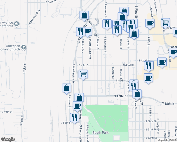 map of restaurants, bars, coffee shops, grocery stores, and more near 4302 South Puget Sound Avenue in Tacoma