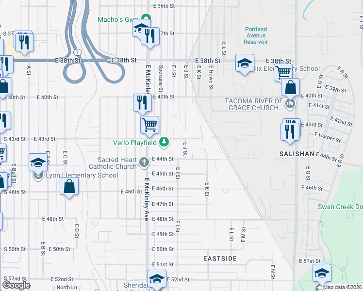 map of restaurants, bars, coffee shops, grocery stores, and more near 909 East 43rd Street in Tacoma