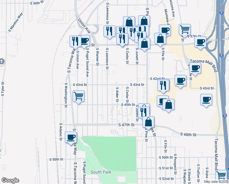 map of restaurants, bars, coffee shops, grocery stores, and more near 3210 South 43rd Street in Tacoma