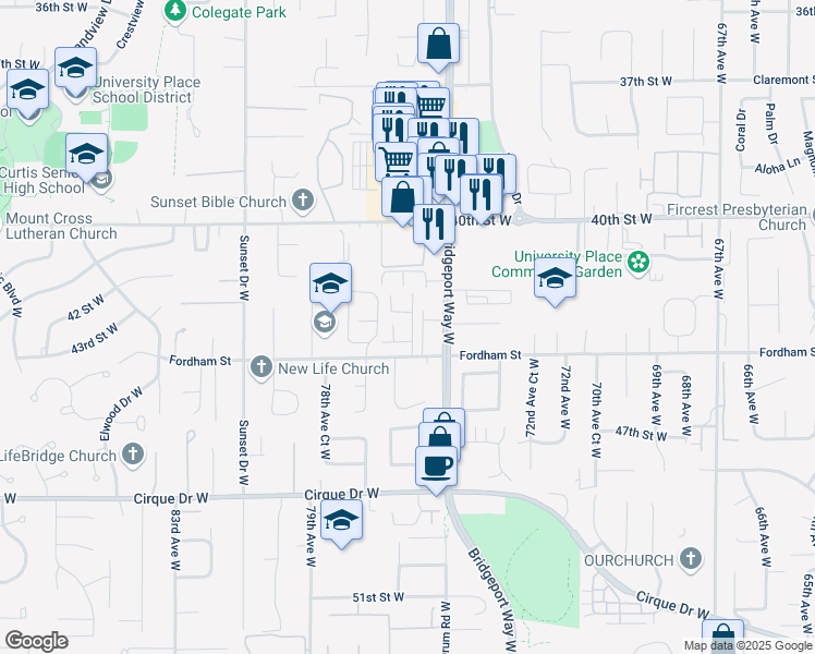map of restaurants, bars, coffee shops, grocery stores, and more near 7513 44th Street West in University Place
