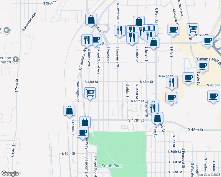 map of restaurants, bars, coffee shops, grocery stores, and more near 4317 South Warner Street in Tacoma
