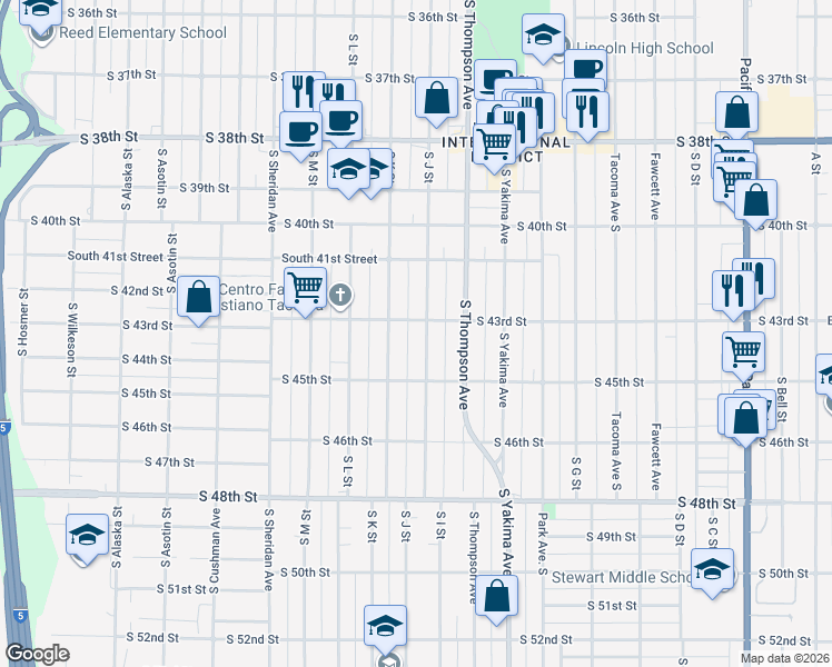 map of restaurants, bars, coffee shops, grocery stores, and more near 4138 South J Street in Tacoma