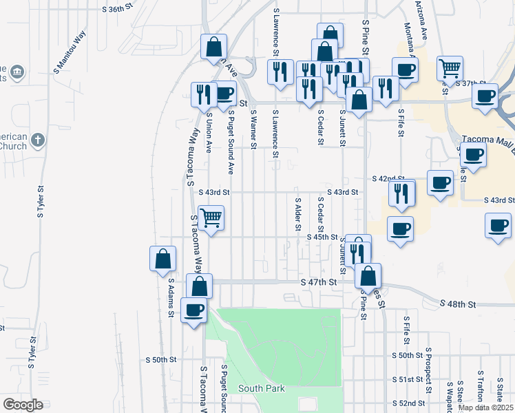 map of restaurants, bars, coffee shops, grocery stores, and more near 3402 South 43rd Street in Tacoma