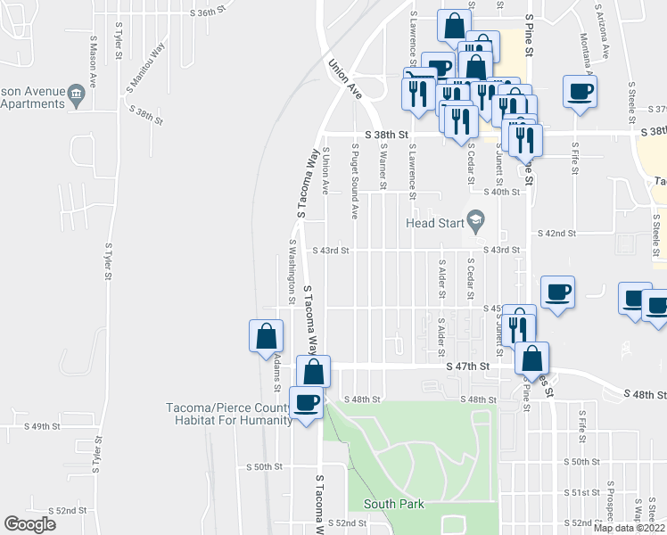 map of restaurants, bars, coffee shops, grocery stores, and more near 4313 South Union Avenue in Tacoma
