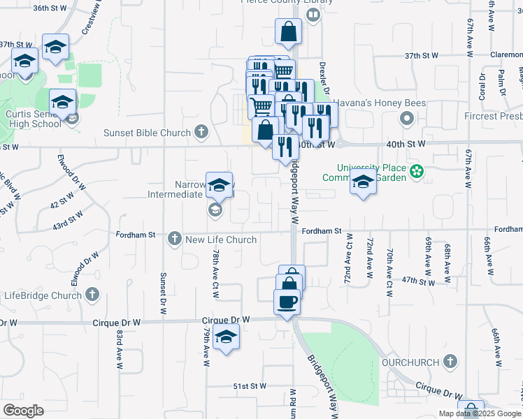 map of restaurants, bars, coffee shops, grocery stores, and more near 7515 44th Street West in University Place