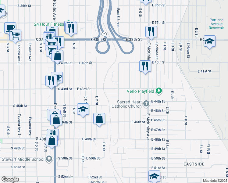 map of restaurants, bars, coffee shops, grocery stores, and more near 423 East 43rd Street in Tacoma