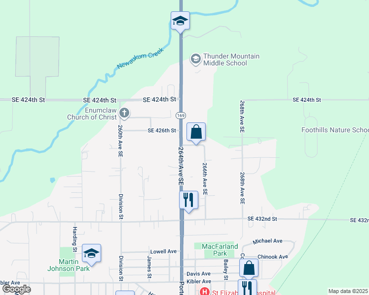 map of restaurants, bars, coffee shops, grocery stores, and more near 42628 264th Avenue Southeast in Enumclaw
