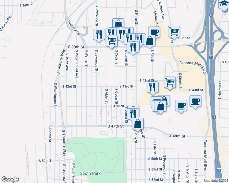 map of restaurants, bars, coffee shops, grocery stores, and more near 4304 South Cedar Street in Tacoma