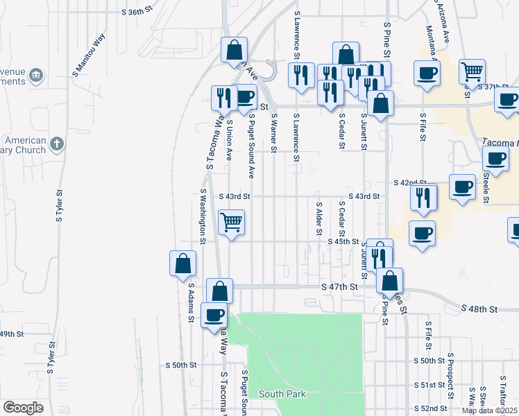 map of restaurants, bars, coffee shops, grocery stores, and more near 3402 South 43rd Street in Tacoma