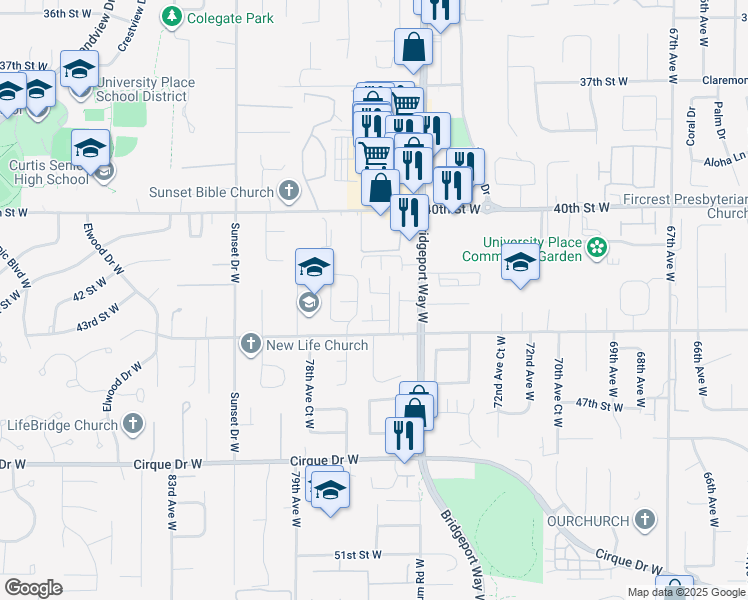 map of restaurants, bars, coffee shops, grocery stores, and more near 7533 44th Street West in University Place
