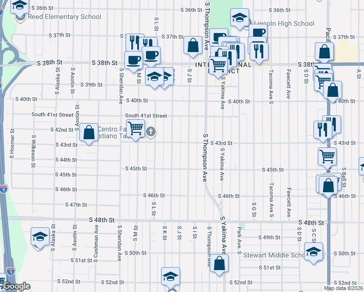map of restaurants, bars, coffee shops, grocery stores, and more near 4138 South J Street in Tacoma