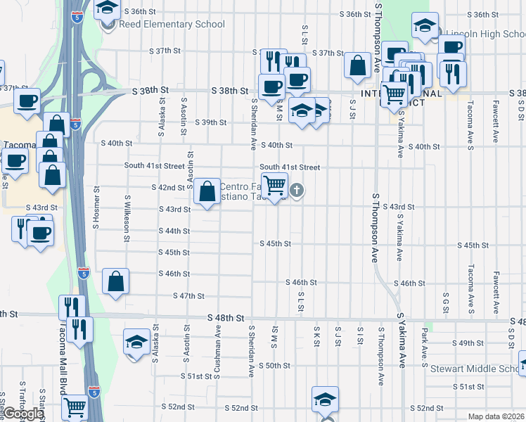 map of restaurants, bars, coffee shops, grocery stores, and more near 4138 South M Street in Tacoma
