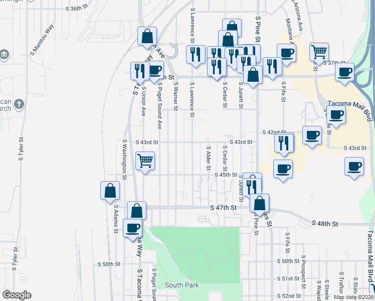 map of restaurants, bars, coffee shops, grocery stores, and more near 3302 South 43rd Street in Tacoma