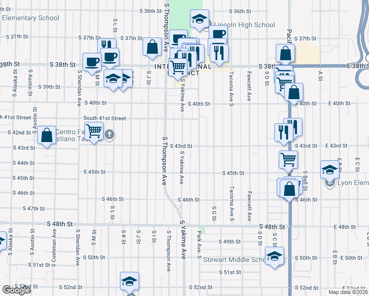 map of restaurants, bars, coffee shops, grocery stores, and more near 4315 South Yakima Avenue in Tacoma