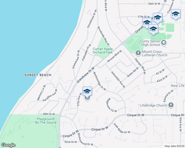 map of restaurants, bars, coffee shops, grocery stores, and more near 4204 Beckonridge Drive West in University Place