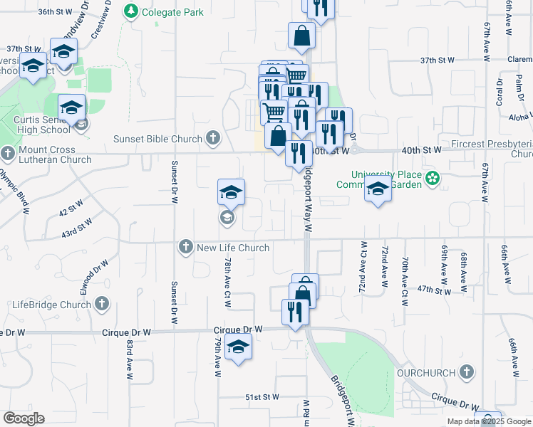 map of restaurants, bars, coffee shops, grocery stores, and more near 7533 44th Street West in University Place