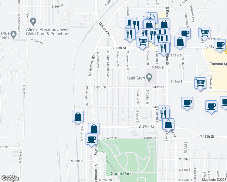 map of restaurants, bars, coffee shops, grocery stores, and more near 4310 South Warner Street in Tacoma