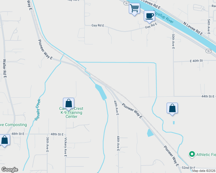 map of restaurants, bars, coffee shops, grocery stores, and more near 7410 Pioneer Way East in Tacoma