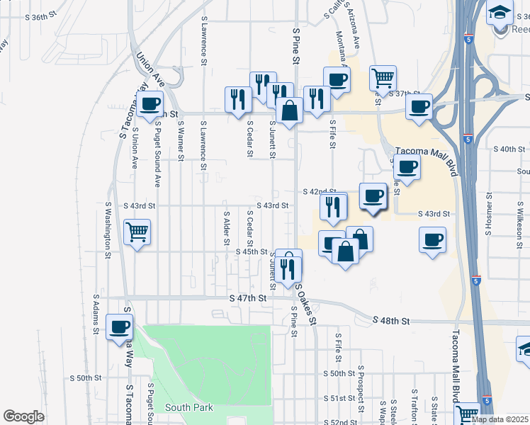 map of restaurants, bars, coffee shops, grocery stores, and more near 4302 South Junett Street in Tacoma