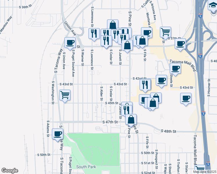 map of restaurants, bars, coffee shops, grocery stores, and more near 4304 South Cedar Street in Tacoma