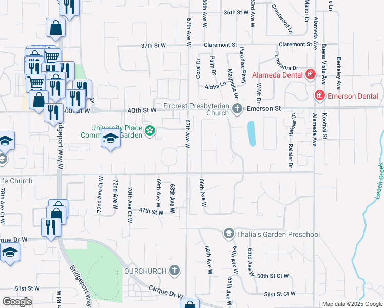 map of restaurants, bars, coffee shops, grocery stores, and more near 4323 67th Avenue West in University Place