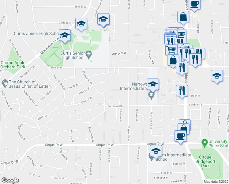 map of restaurants, bars, coffee shops, grocery stores, and more near 8216 42nd Street Court West in University Place