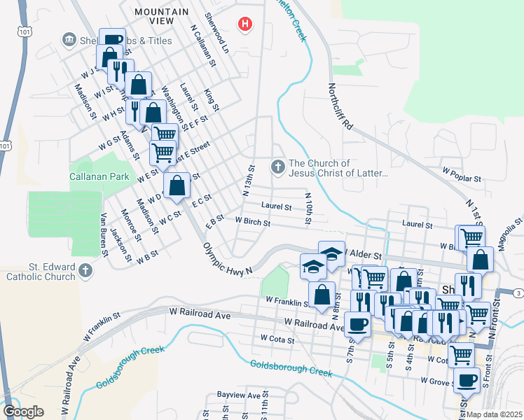 map of restaurants, bars, coffee shops, grocery stores, and more near 627 North 12th Street in Shelton