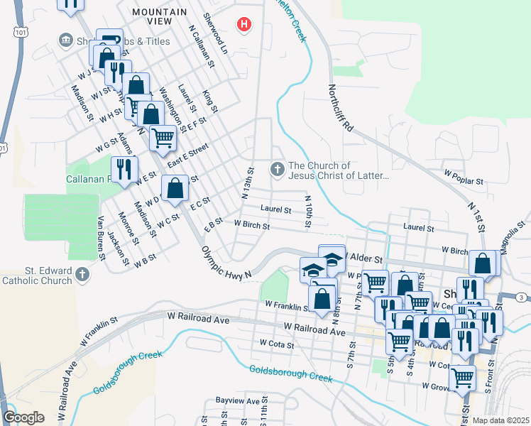 map of restaurants, bars, coffee shops, grocery stores, and more near 627 North 12th Street in Shelton
