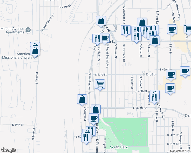 map of restaurants, bars, coffee shops, grocery stores, and more near 4301 South Tacoma Way in Tacoma