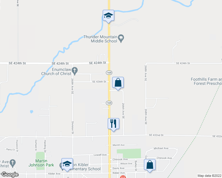 map of restaurants, bars, coffee shops, grocery stores, and more near 42628 264th Avenue Southeast in Enumclaw