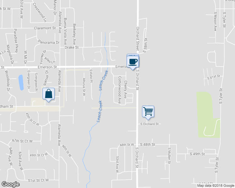 map of restaurants, bars, coffee shops, grocery stores, and more near 1520 Cottonwood Avenue in Fircrest