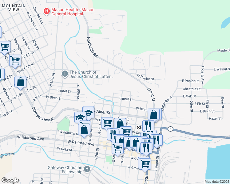 map of restaurants, bars, coffee shops, grocery stores, and more near 718 North 6th Street in Shelton