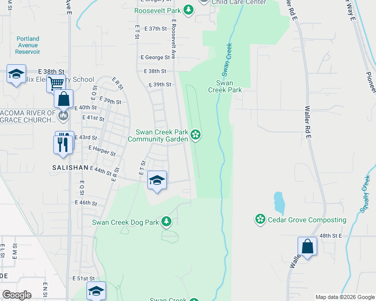map of restaurants, bars, coffee shops, grocery stores, and more near 4215 East Roosevelt Avenue in Tacoma