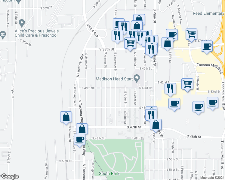 map of restaurants, bars, coffee shops, grocery stores, and more near 3302 South 43rd Street in Tacoma