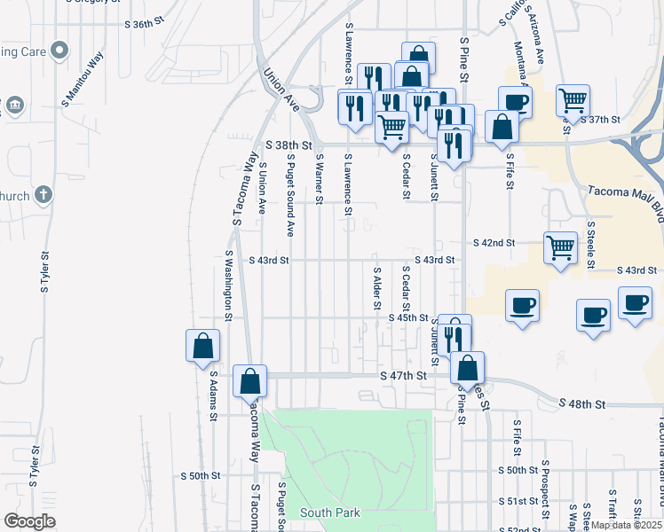 map of restaurants, bars, coffee shops, grocery stores, and more near 3302 South 43rd Street in Tacoma