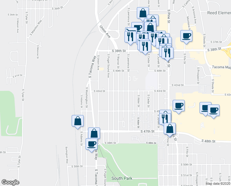 map of restaurants, bars, coffee shops, grocery stores, and more near 3402 South 43rd Street in Tacoma