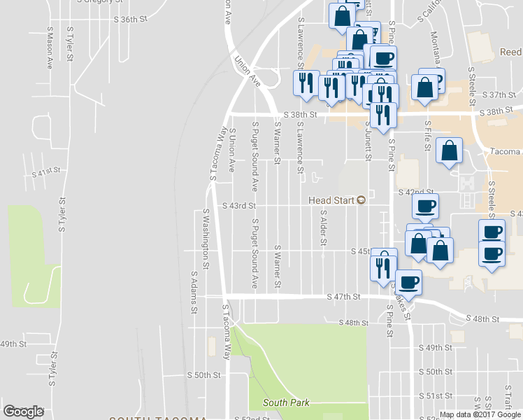 map of restaurants, bars, coffee shops, grocery stores, and more near 3402 South 43rd Street in Tacoma